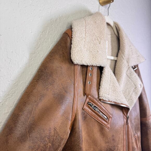 AVEC LES FILLES Coat Large Faux Leather Shearling Moto Jacket Notched Collar - Picture 9 of 15